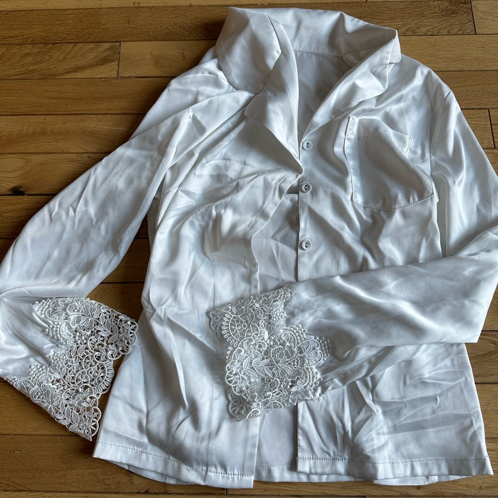 Lillie Satin Lace Trim PJ Set | Lace Bridal PJ Set | Honeymoon Pyjamas